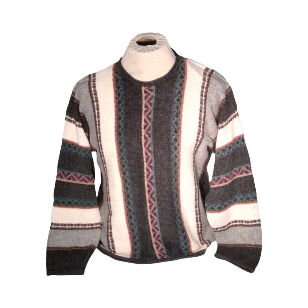 80s‎ Vintage Women's Medium 12-14 Stripe Ramie Cotton Knit Crewneck